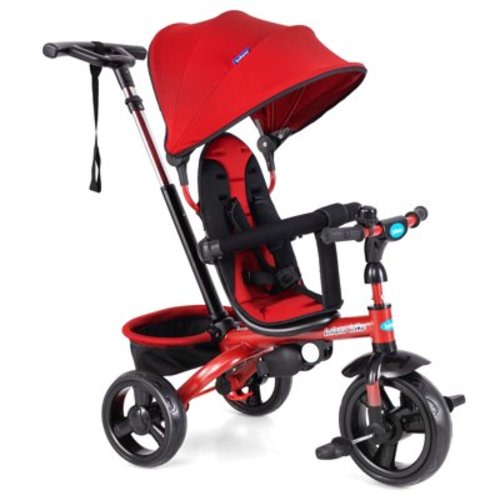 OLAKIDS Kids Tricycle, 4 in 1 Stroll Trike with Adjustable Push Handle, Removable Canopy, Retractable Foot Plate, Lockable Pedal, Detachable Guardrail, Suitable for 10 Months to 5 Years (Red)