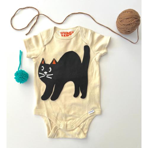 Black Kitty Cat Onesie®-100% Natural Cotton-Gender Neutral Baby/Toddler-Plush Fleece and recycled felt handmade applique