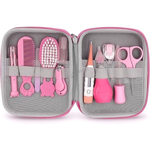 Baby Grooming Kit, Portable Baby Safety Care Set with Hair Brush Comb Nail Clipper Nasal Aspirator etc for Nursery Newborn Toddlers Infant Girl Boys Keep Clean (Pink)