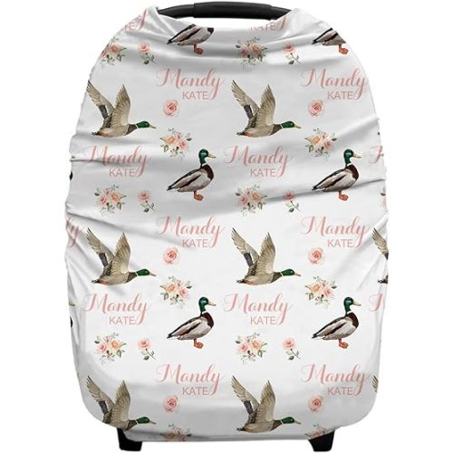 Personalized Baby Car Seat Cover for Girls, Custom Floral Duck Nursing Covers for Breastfeeding with Name, Infant Stroller Cover, Baby Carseat Canopy for Newborn