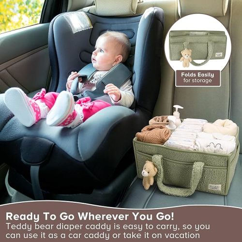 PeraBella Baby Diaper Caddy Organizer for Changing Table, Baby Storage Basket for Diapers and Baby Wipes, Gift for Baby Shower, Car Caddy Organizer, Nursery Diaper Organizer, Portable Diaper Storage - Extra Large - Lily Green