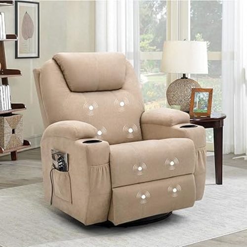 Flamaker Rocking Chair Recliner Chair with Massage Swivel Ergonomic Lounge Chair Classic Single Sofa with 2 Cup Holders Side Pockets Living Room Chair Home Theater Seat (Beige)
