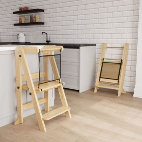HOMLUX Foldable Toddler Kitchen Step Stool, 3 Adjustable Height Learning Tower with Safety Net for Kids Ages 1–6, Natural Wood