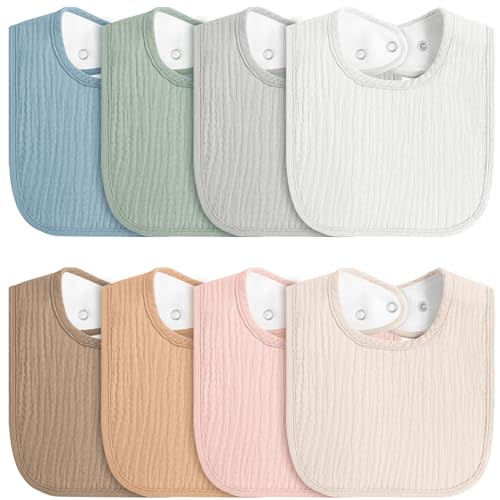 MairMore 8-Pack Baby Muslin Bibs, Soft Cotton Drool Bibs for Boys Girls, Adjustable and Absorbent Newborn Bib Set for Feeding and Drooling
