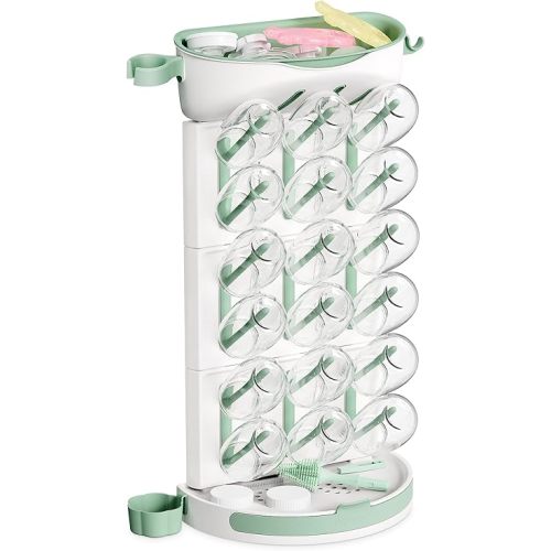 Momcozy DIY Larger Bottle Drying Rack for 18 Bottles, Space Saving Countertop Vertical Rack with Brushes Holder, Detachable Travel Bottle Rack for Baby Accessories & Pump Parts