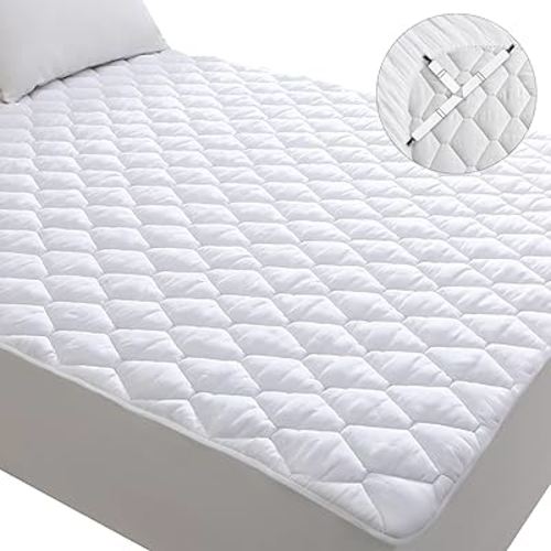 Lunsing King Size Waterproof Mattress Protector with 4 Adjustable Holder Straps, 6-18 inches Deep Pockets, White