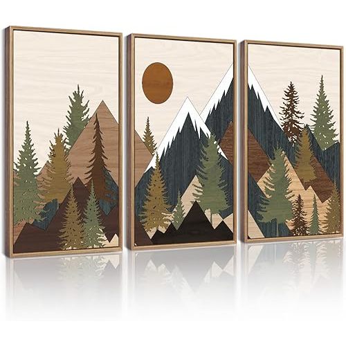 KUVIOKE Landscape Mountain Wall Art 16x 24in Large Set Sunrise Pine Tree Forest Nature Scenry Wilderness Farmhouse Rustic Modern Art Decorative for Living Room Bedroom (Natural Framed)
