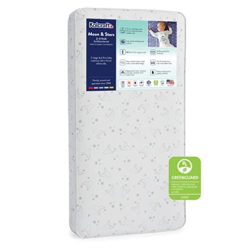 Kolcraft Crib Mattress & Toddler Bed Mattress | BabyPedic 2-Stage Antibacterial Baby Mattress for Crib, Extra Firm Waterproof Crib Mattress - Dreamy Moonlight & Stars
