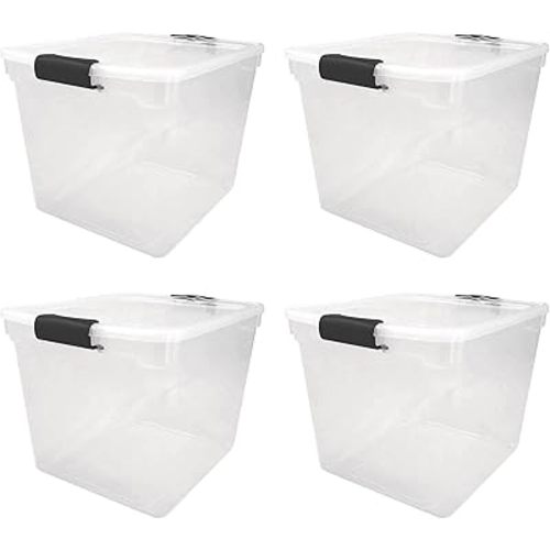HOMZ 4 Pack Large Clear Plastic Storage Bins with Latching Lids, 31 Quart, Gray