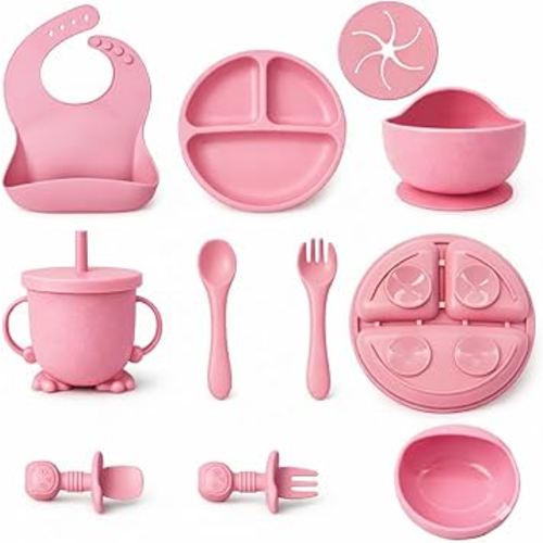 Baby Feeding Set, Silicone Baby Feeding Set with Suction Bowls, Divided Plates, Adjustable Bib, Baby Utensils Spoons, Forks & Cup Complete Baby Eating & Weaning Essentials (Pink)