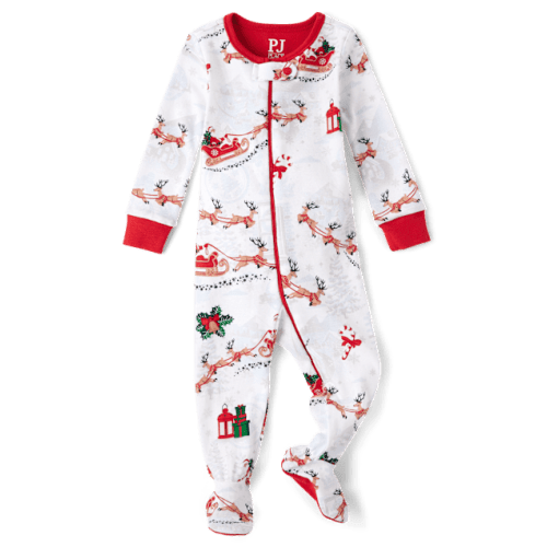Unisex Baby And Toddler Matching Family Santa Sleigh Snug Fit Cotton Footed One Piece Pajamas - White