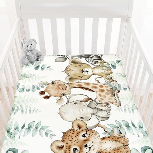 HawSkgFub Safari Jungle African Animals Eucalyptus Leaf Fitted Standard Baby Crib Sheet, Giraffe Lion Tiger Elephant Zebra Toddler Mattress Cover, Soft Stretchy Nursery Bed Sheets Kids Gift 52” x 28”