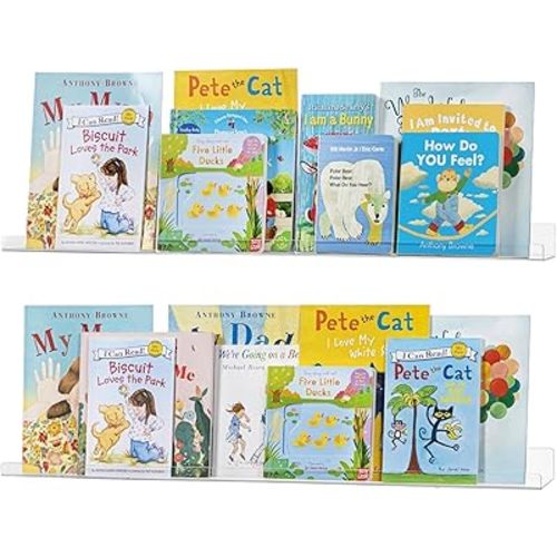36 inch Clear Acrylic Floating Shelves Wall, Bookshelf for Kids, Magazine Rack, Picture Ledge Shelf Storage of Books,Picture,Toys, Vinyl Records and Small Ornaments on Wall, Pack of 4