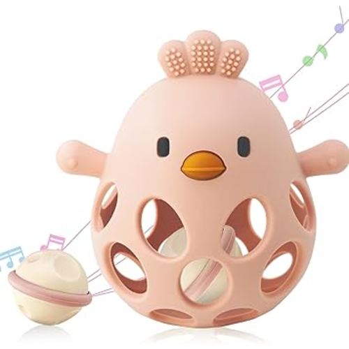 2-in-1 Baby Teething Toy, Easy Grasp Oball Rattle & Teether Toy for Babies 0-12 Months, 100% Food Grade Silicone, 3-6 6-12 Month Baby Teething Relief Toy, BPA Free (Pink)