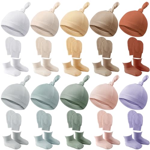 Toulite 10 Set Newborn Baby Socks Hat and Mittens Soft Ankle Sock Newborn Beanie Mitten for Boys Girls Infant