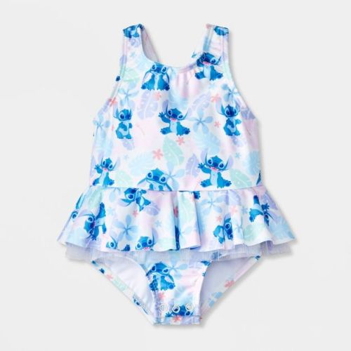 Baby Girls' Disney Stitch Floral Ruffle One Piece Swimsuit - Lavender 9M