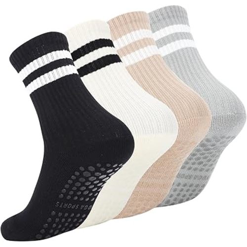 Pilates Socks with Grips for Women, Non Slip Yoga Socks, Anti Skid Socks for Yoga Pilates Gym Sports 4 Pairs