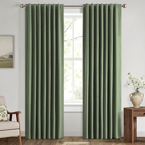 MIULEE 100% Blackout Linen Curtains for Bedroom, Olive Green Solid Luxury Decor Thermal Insulation Room Darkening Drapes for Living Room Nursery Back Tab Rod Pocket 42 x 84 Inches, 2 Panels