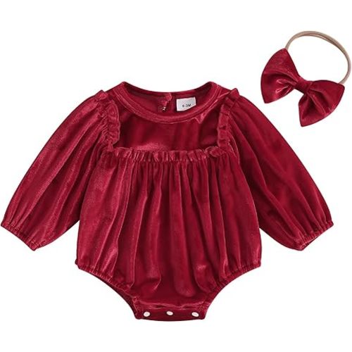 Infant Baby Girls Christmas Outfit Velvet Long Sleeve Romper Ruffle Bodysuit Jumpsuit Newborn Clothes Headband