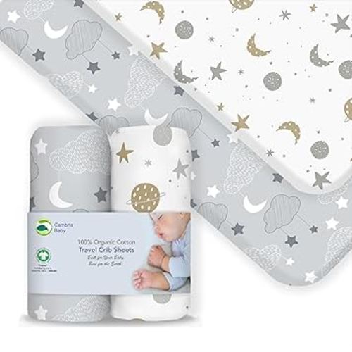 100% Organic Cotton Fitted Travel Crib/Playard Sheets for Guava Lotus, BabyBjorn, Dream on Me, Baby Joy and Other 24" x 42" Pads. Safety Strap Holes in Each Corner. 2 Pk (Space and Night Sky)