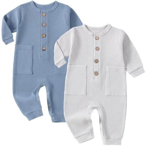 Baby Boys Girls 2 Pack Solid Romper Ribbed Long Sleeve One-Piece Knit Cotton Jumpsuit Outfits Clothes