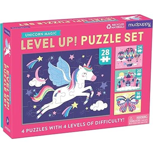 Mudpuppy Unicorn Magic Level Up! Puzzle Set from Mudpuppy, Includes 4 Jigsaw Puzzles with 16 – 28 Pieces, Features Enchanting and Magical Unicorns, Perfect for Ages 3+