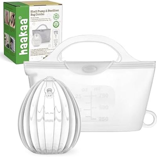 haakaa Wearable Silicone Breast Pump with Steriliser Bag, 2-in-1 Hands-Free Passive Breast Milk Catcher for Nursing Mom, Breastfeeding Essentials, 75ml Shell Pump & 750ml Steriliser Bag - Frosted