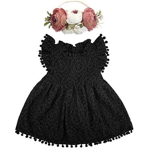 BGFKS Baby Girl Tutu Dress Elegant Lace Pom Pom Flutter Sleeve with Flower Headband Set