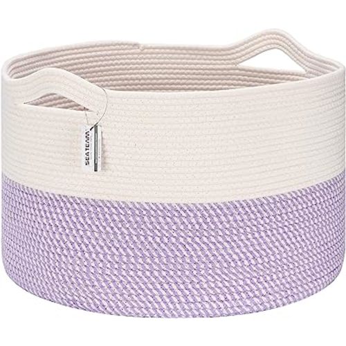 Sea Team XXXL Cotton Rope Basket, Large Woven Nursery Storage Bin, Laundry Hamper, Jumbo Blanket Basket for Rugs, Cushions, Pillows, Toys Organizer, 22 x 14 Inches, White & Mottled Lavender