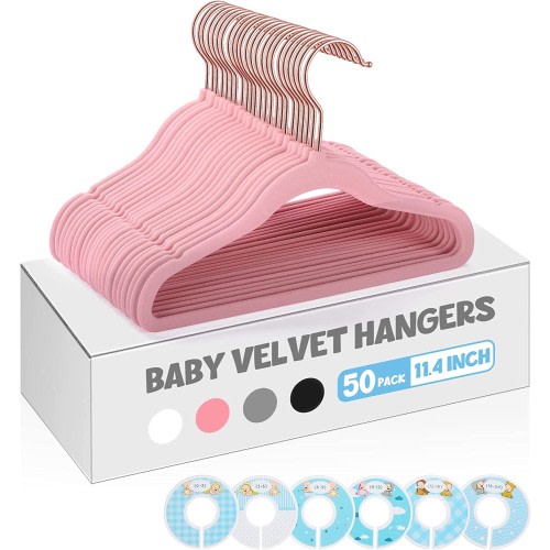 ACSTEP 50 Pack Baby Hangers with 6 Pcs Closet Dividers, 11.4 Inch, Pink