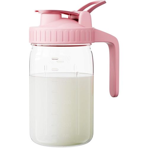 Breast Milk Pitcher, Mason Jar 32 oz, Heavy Duty Wide Mouth Jar with Pink Flip Cap Lid and Pour Spout, Airtight Seal for Freshness and Convenience, Great for Cold Beverages and Home Entertaining