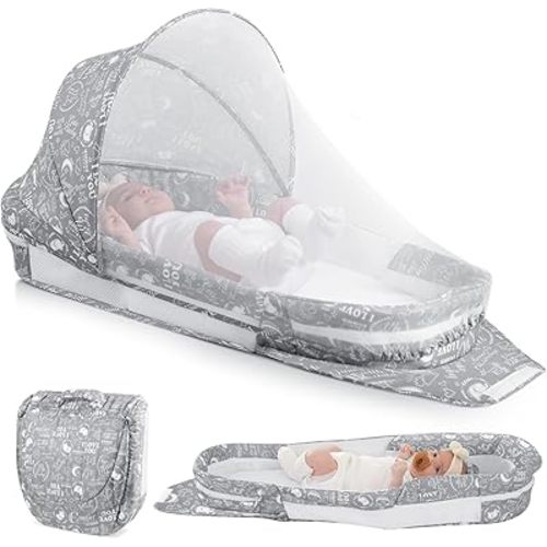 Portable Baby Lounger, Foldable Diaper Bag Babies Nest with 2-in-1 Detaches Mosquito Net & Canopy & Waterproof Pad, Travel Pod Rest Mat, Easy Setup and Storage Ideal for Outdoors Indoors (Gray)