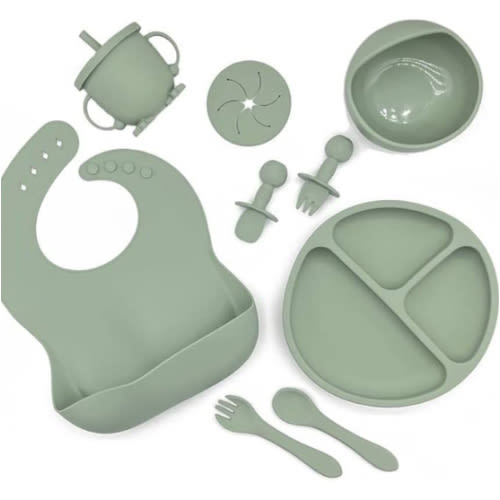 10pc Silicone Baby Feeding Set | No Mess Divided Suction Plate, Suction Bowl, Spoon and Fork, Silicone Bib and Sippy Cup with Snack Cup Attachment | Baby Led Weaning Feeding Utensils | (Olive) : Amazon.com.au: Baby