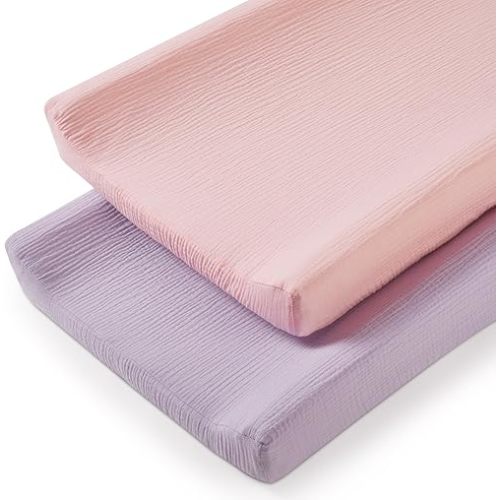 TILLYOU Muslin Changing Pad Cover for Girls Boys, Soft and Breathable Baby Diaper Changing Pad Cover, 2 Pack Light Purple&Light Pink