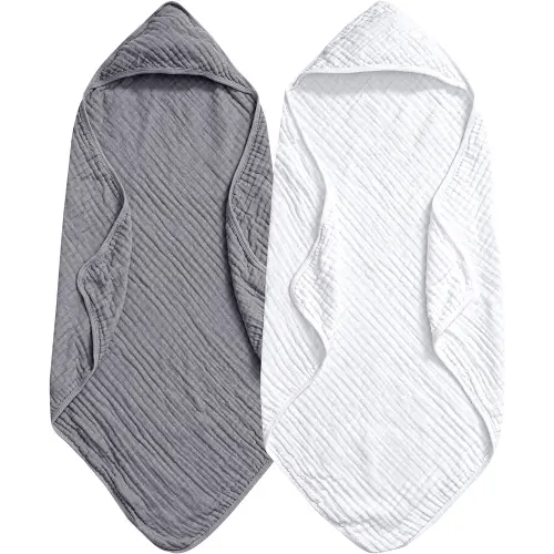 PHF 2 Pack Baby Hooded Towels, 100% Muslin Cotton Baby Bath Towel with Hood for Newborn, Infant, Toddler, Ultra Soft and Absorbent Baby Essentials Bath Towels for Boys Girls, 32x32Inch, White & Grey