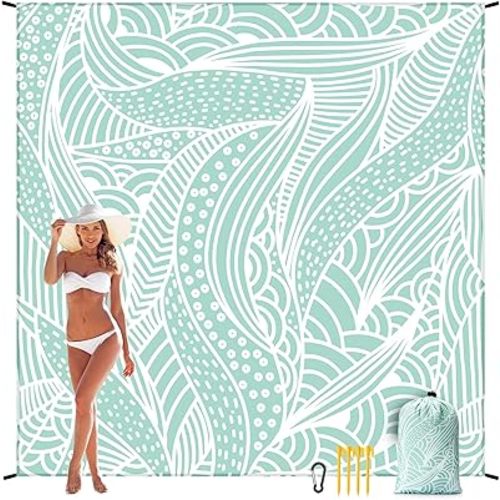 Beach Blanket Sandproof Extra Large Beach Mat Adults Waterproof Quick Drying Sand Free Mat Made by Premium Polyester with 4 Stakes & 4 Corner Pockets for Outdoor Travel Camping Hiking