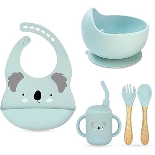 ZYLOSTORE Baby Feeding Set, Silicone Bowl & Utensils, 4-Piece, Blue