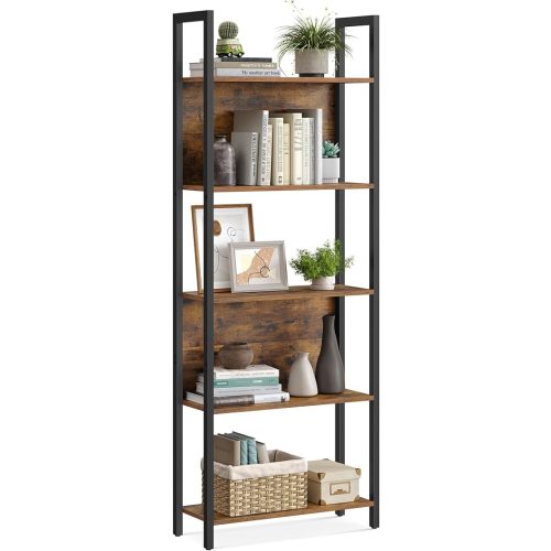 VASAGLE 5-Tier Bookshelf, Book Shelf, Industrial Bookcase, with Steel Frame, for Living Room, Home Office, Bedroom, 9.4 x 24.4 x 65 Inches, Rustic Brown and Black ULLS025B01