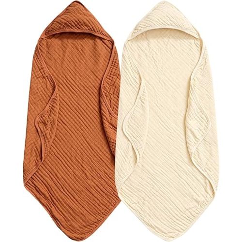 PHF 2 Pack Baby Hooded Towels, 100% Muslin Cotton Baby Bath Towel with Hood for Newborn, Infant, Toddler, Ultra Soft and Absorbent Baby Essentials Bath Towels for Boys Girls, 32x32Inch, Beige & Brown