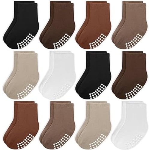 JAKIDAR 12 Pack Baby Toddler Socks Non Slip Grip Cotton Ankle Socks for Boys Girls Infants Kids