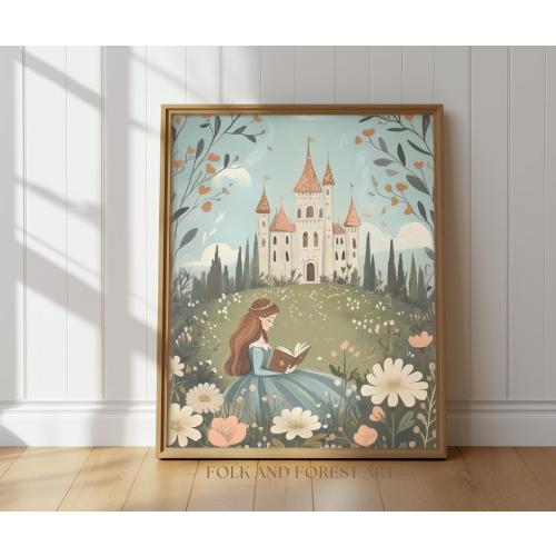 Princess Reading Castle Art Print – Whimsical Fairytale Digital Download | Storybook Wall Art for Nursery or Girl’s Room | Printable Fantasy