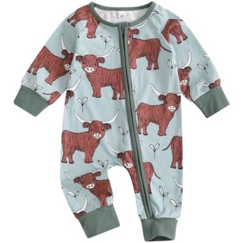 Gueuusu Country Baby Clothes Boy Girl Western Highland Cow Print Long Sleeve Romper Zipper One Piece Jumpsuit Fall Outfit