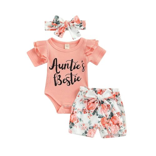 Newborn Baby Girl Auntie Outfits Auntie's Bestie Short Sleeve Ribbed Romper Floral Shorts Clothes with Headband