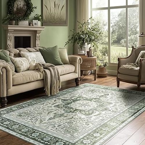 Machine Washable Bedroom Rug 6x9 Rugs for Living Room Low-Pile Vintage Rugs, Non-Slip Non-Shed Floral Print Floor Carpet for Dining Room Home Decor(Green,6x9ft)
