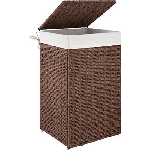 OIAHOMY Laundry Hamper with Lid, 17.2 Gal (65L) Wicker Hamper with Removable Liner Bag, Handwoven Clothes Basket with Handles, Foldable Paper Rope Basket for Laundry Room, Bedroom-Brown