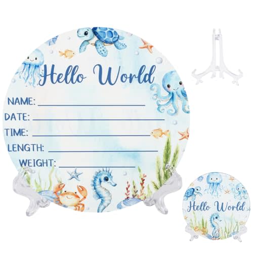 Acrylic Baby Birth Announcement Sign with Stand, Under The Sea Animal Theme Double-Sided Newborn Name Board, Hello World Milestone Card for Welcome Baby Hospital Nursery Gift Photo Prop