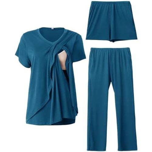Rnxrbb V Neck Nursing Pajamas Set 3 Pack Postpartum Pjs Breastfeeding Sleepwear for Women Double Layer with Pockets
