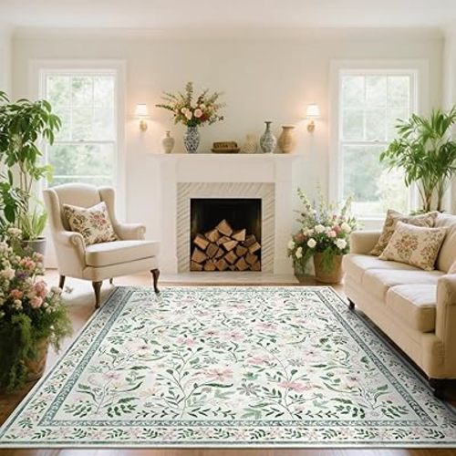 SHACOS 8x10 Floral Area Rugs for Living Room, Machine Washable Vintage Boho Rugs for Bedroom, Non Slip Soft Floral Low-Pile Nursery Carpet for Kids Room Dining Room Entryway Indoor, Green