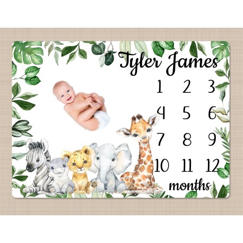 Safari Animals Milestone Blanket, Personalized Monthly Growth Blanket Jungle Boy Tropical Greenery Leaves Newborn Baby Shower Gift B1536