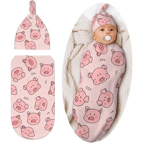 Cute Pig Baby Stuff Swaddle Blanket Hat Set for Boys Girls, Soft Newborn Sleeping Sack Receiving Blanket Shower Gift